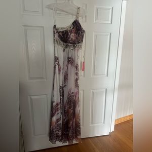 STUNNING one shoulder floor length gown with white translucent shall